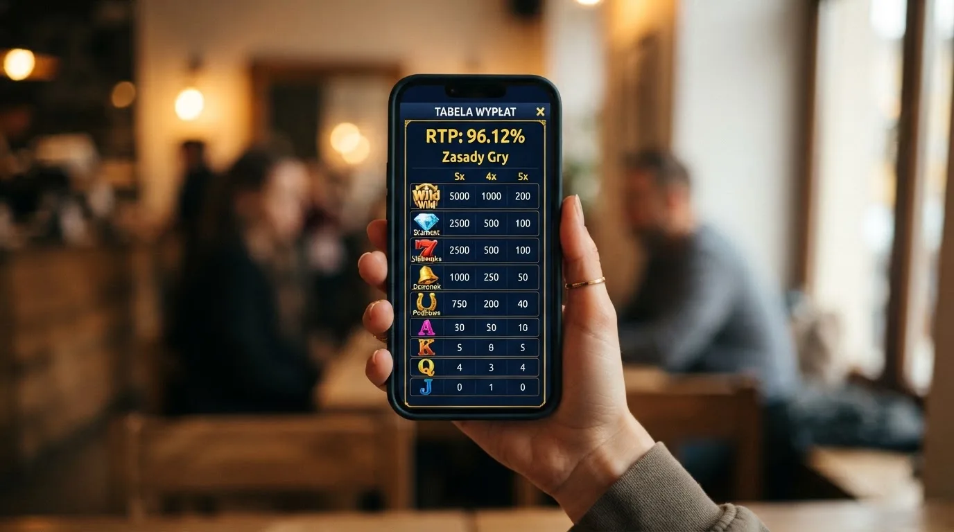 ekran automatu online z otwartą tabelą wypłat pokazującą wartość procentową RTP