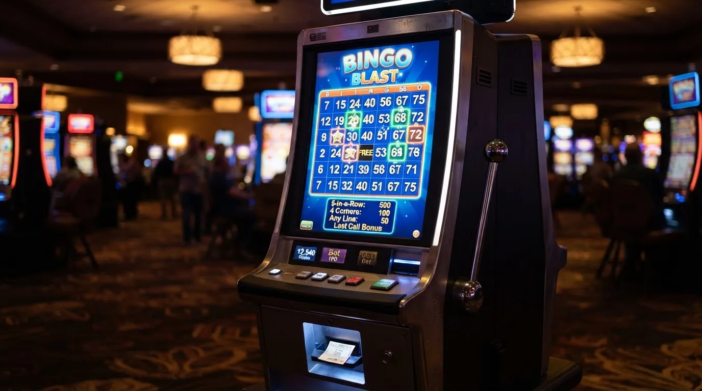 Ekran automatu do gry z kolorową planszą w stylu bingo i podświetlonymi liczbami