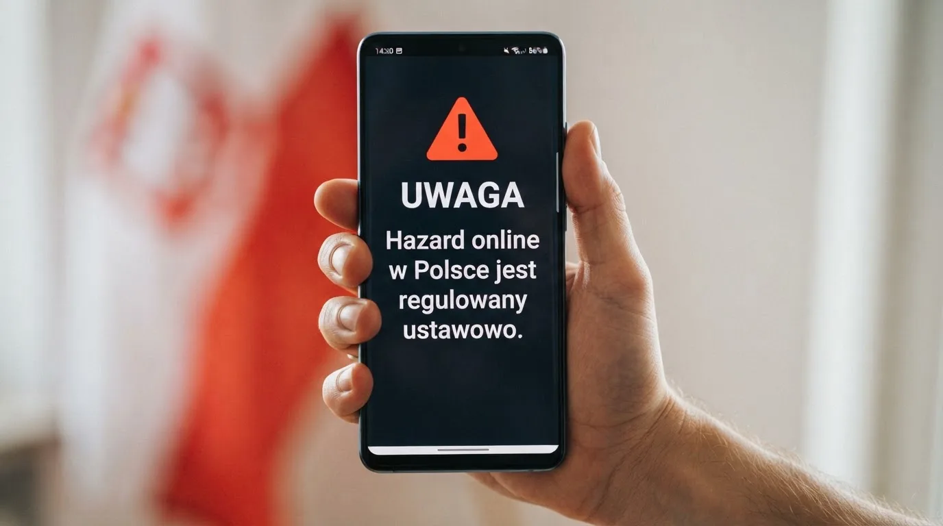 Dłoń trzymająca telefon z widocznym komunikatem ostrzegawczym o legalności hazardu online na tle biało-czerwonej flagi Polski.