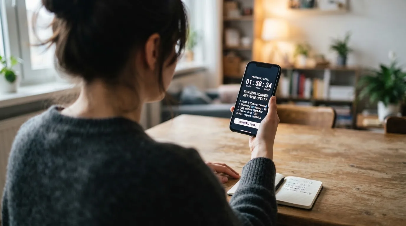 Zbliżenie na telefon z listą warunków promocji i licznikiem odliczającym dni do końca oferty