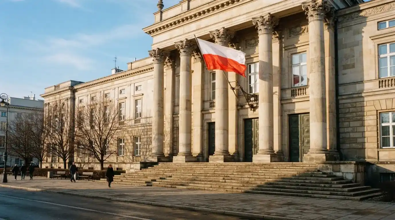 Fasada budynku instytucji państwowej z flagą Polski, symbol nadzoru regulatora nad rynkiem gier hazardowych