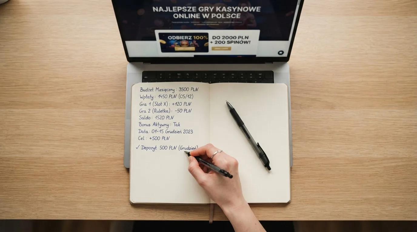 Widok z góry na laptop z otwartą tabelą porównawczą ofert powitalnych kilku serwisów kasynowych