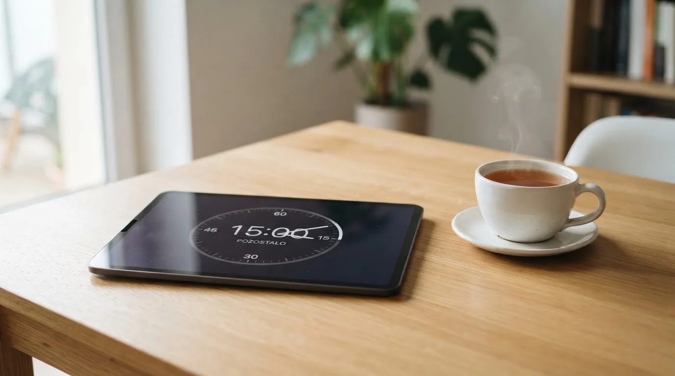 Tablet leżący na stole z prostym zegarem odliczającym minuty do zaksięgowania wypłaty, obok kubek herbaty.