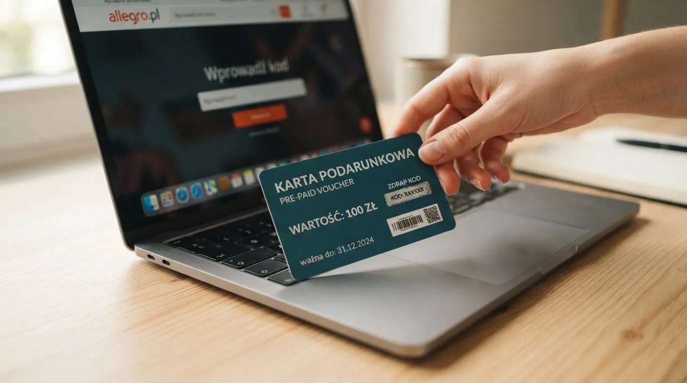 Karta przedpłacona Paysafecard z zasłoniętym polem kodu PIN obok klawiatury laptopa