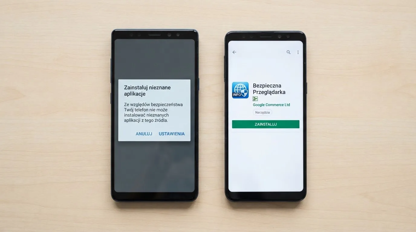 Dwa telefony obok siebie: na jednym komunikat zgody na instalację pliku APK z nieznanego źródła, na drugim strona aplikacji w sklepie z przyciskiem pobierania