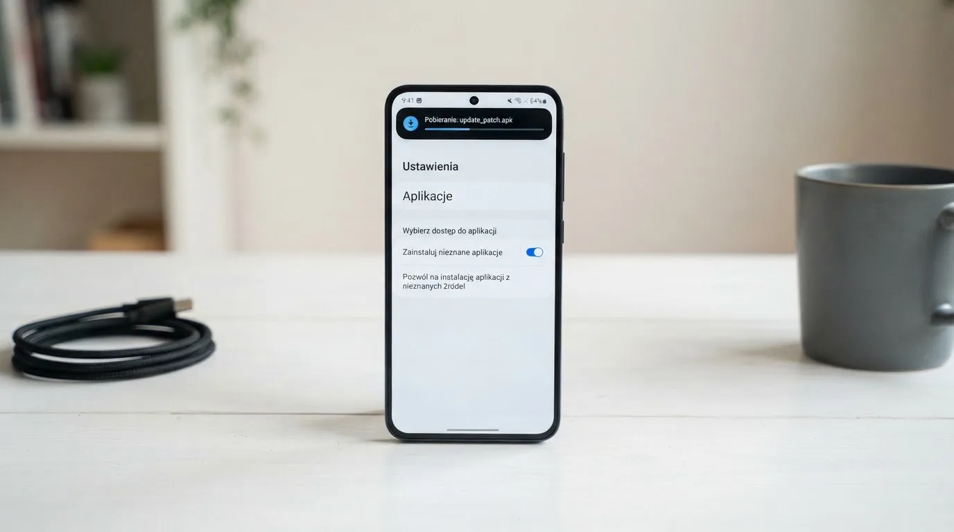 Ekran ustawień Androida z przełącznikiem zgody na instalację aplikacji z nieznanego źródła i pobranym plikiem instalacyjnym na liście
