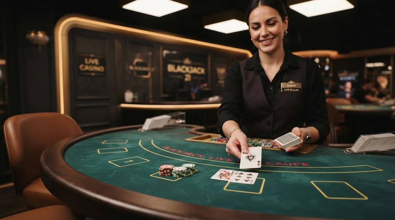 Krupier rozdający karty przy stole blackjacka podczas transmisji na żywo