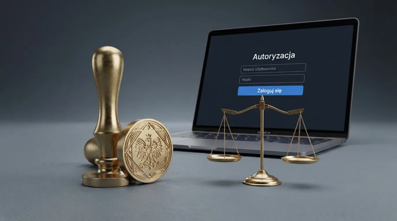 Symboliczna pieczęć urzędowa i waga obok ekranu logowania do serwisu hazardowego