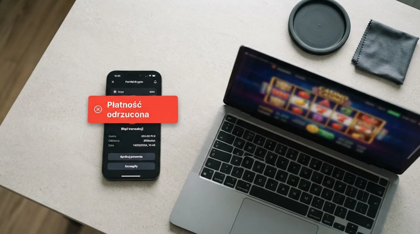 Smartfon z otwartym portfelem kryptowalut i komunikatem o odrzuconej płatności leżący obok laptopa