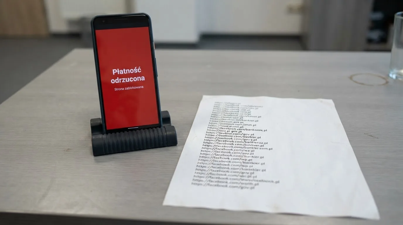Telefon z komunikatem o odrzuconej płatności na ekranie, obok wydruk tabeli z listą zablokowanych adresów stron