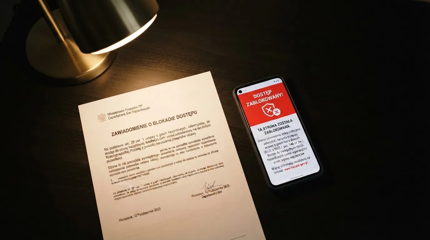 Biurko z wydrukiem ustawy o grach hazardowych i telefonem wyświetlającym komunikat o zablokowanej stronie kasyna