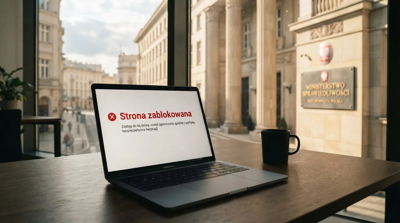 Budynek urzędu z tablicą ministerstwa, na pierwszym planie laptop z komunikatem o zablokowanej stronie kasyna