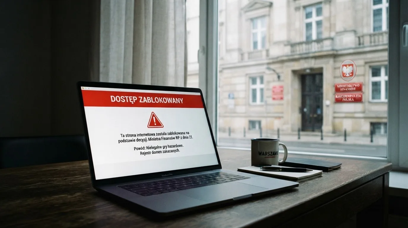 Laptop z komunikatem o zablokowanej stronie hazardowej, w tle budynek urzędu z tablicą ministerstwa