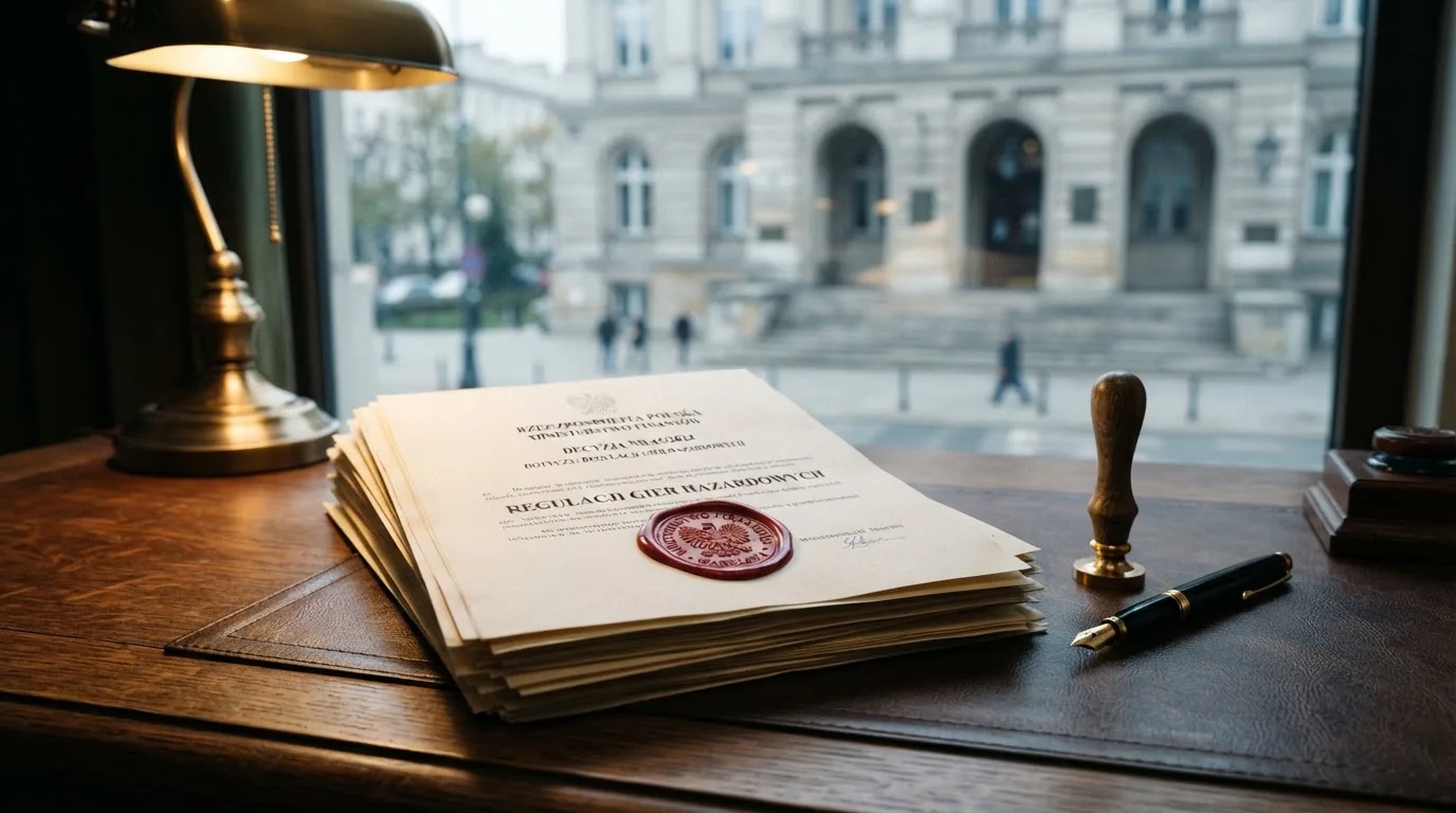 Stos dokumentów urzędowych i pieczęć na biurku, w tle sylwetka budynku administracji publicznej