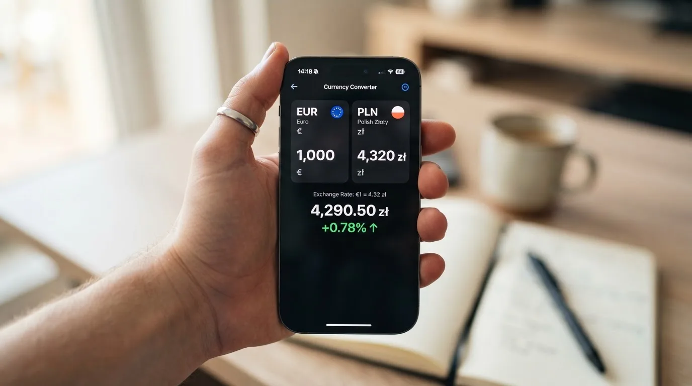 Kalkulator walutowy obok symbolu przeliczania kwoty płatności na ekranie smartfona