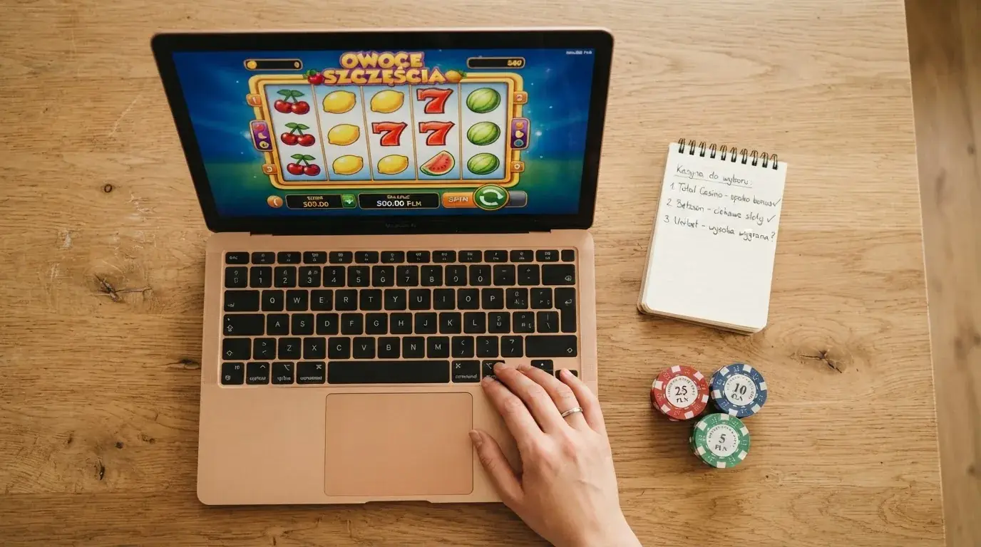 Ekran laptopa z tabelą porównawczą kilku serwisów kasynowych, bez widocznych logotypów marek