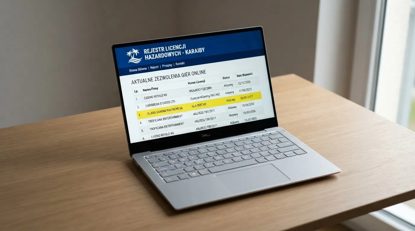 Ekran laptopa z otwartym rejestrem licencji regulatora z Curaçao, w którym jeden wiersz zaznaczono żółtym podświetleniem