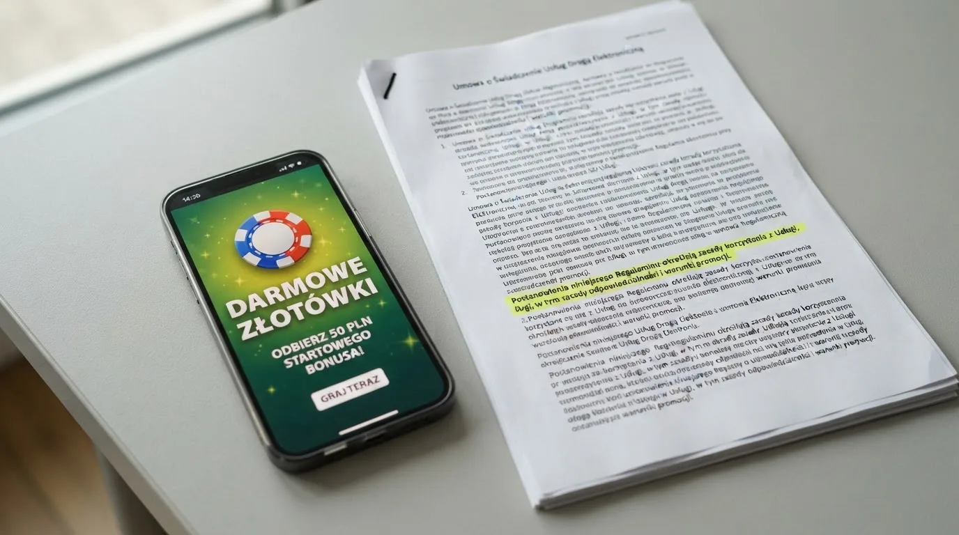 Telefon z banerem obiecującym darmowe złotówki za założenie konta, obok wydrukowany tekst ustawy o grach hazardowych z zaznaczonym artykułem