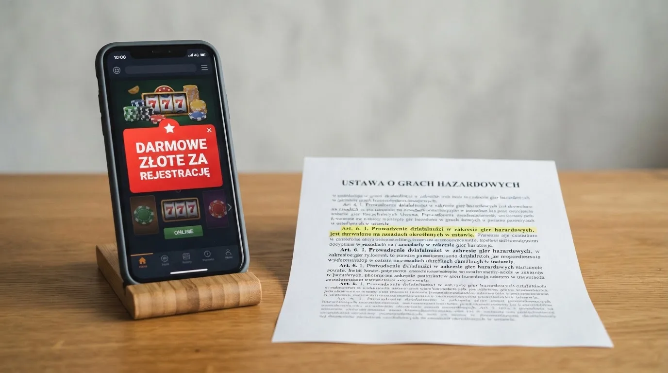 Telefon z wyskakującym banerem obiecującym darmowe złotówki za rejestrację, obok wydruk ustawy o grach hazardowych