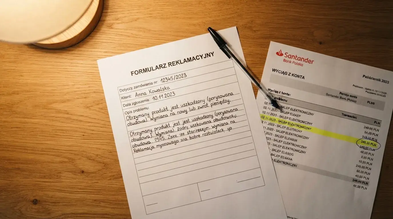 Wydrukowany formularz reklamacji leżący na biurku obok długopisu i wyciągu bankowego z zakreśloną pozycją