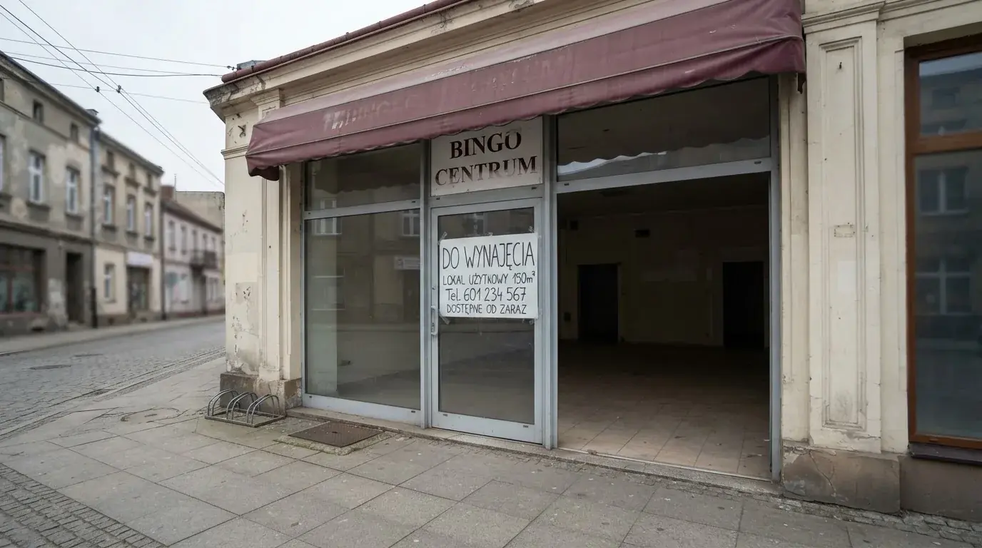 Pusty, zamknięty lokal handlowy z tabliczką „do wynajęcia”, symbolizujący brak działających salonów gry bingo pieniężne
