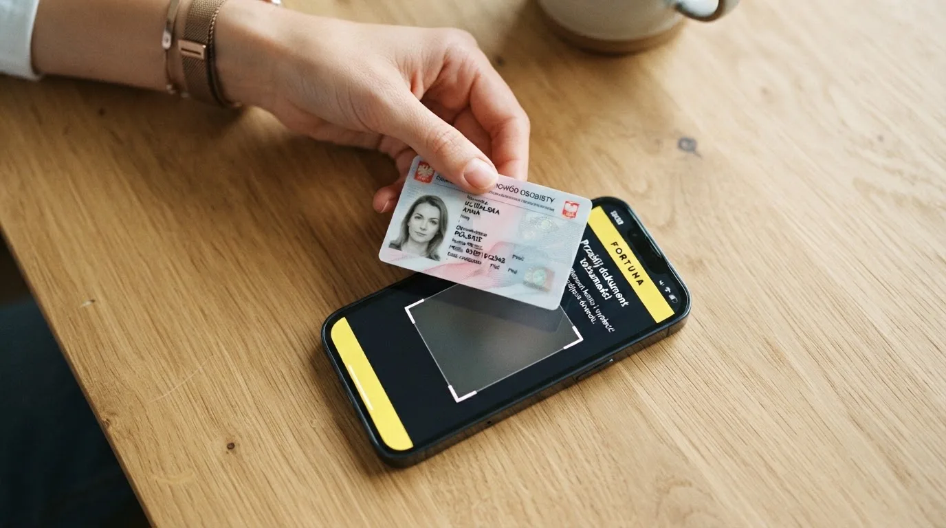 Dłoń trzymająca dowód osobisty nad smartfonem z otwartym formularzem przesyłania zdjęcia dokumentu