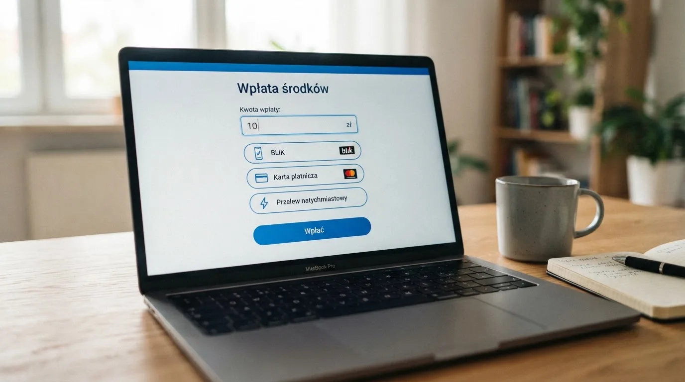 Laptop z otwartym oknem wpłaty na kwotę 10 zł i listą metod: BLIK, karta płatnicza, szybki przelew
