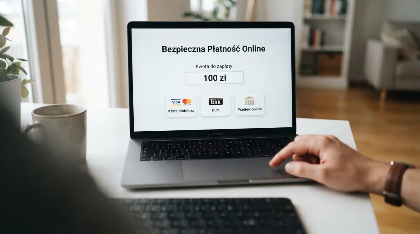 Laptop z oknem wpłaty na ePortfel, wpisana kwota 100 zł i lista metod: BLIK, karta płatnicza, szybki przelew