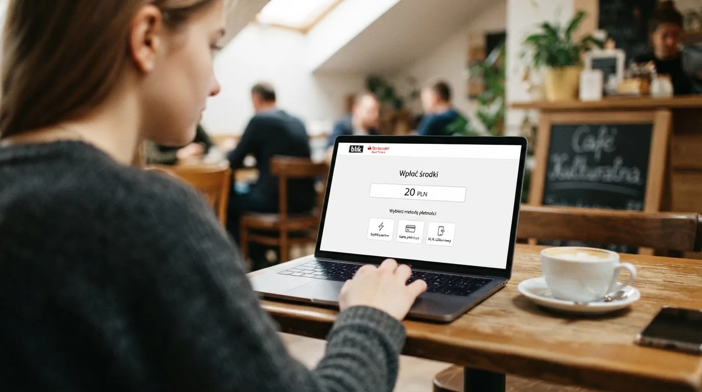 Laptop z otwartym formularzem wpłaty na kwotę 20 zł i wyborem między szybkim przelewem, kartą płatniczą a BLIK-iem